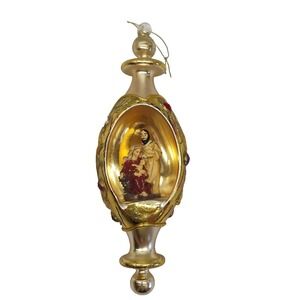 Vintage Gold Tone Decorative Glass Holy Family Christmas Ornament 8.75 inch
